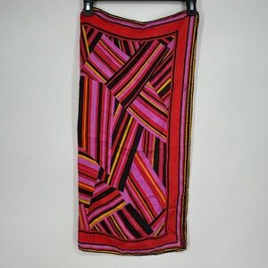 Jean Ete Vintage Womens Square Scarf Pink Red Yellow Black Stripes Silk Silky